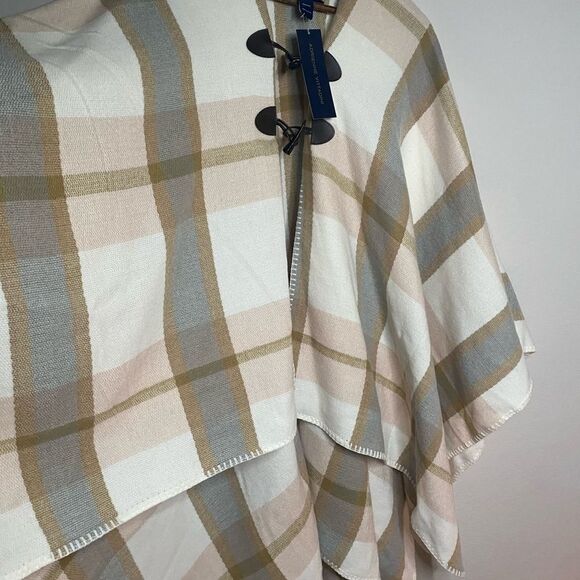 Women’s NWT Neutral Tan Cream Pink Plaid Shawl Poncho Cape High Low One Size - Picture 4 of 6